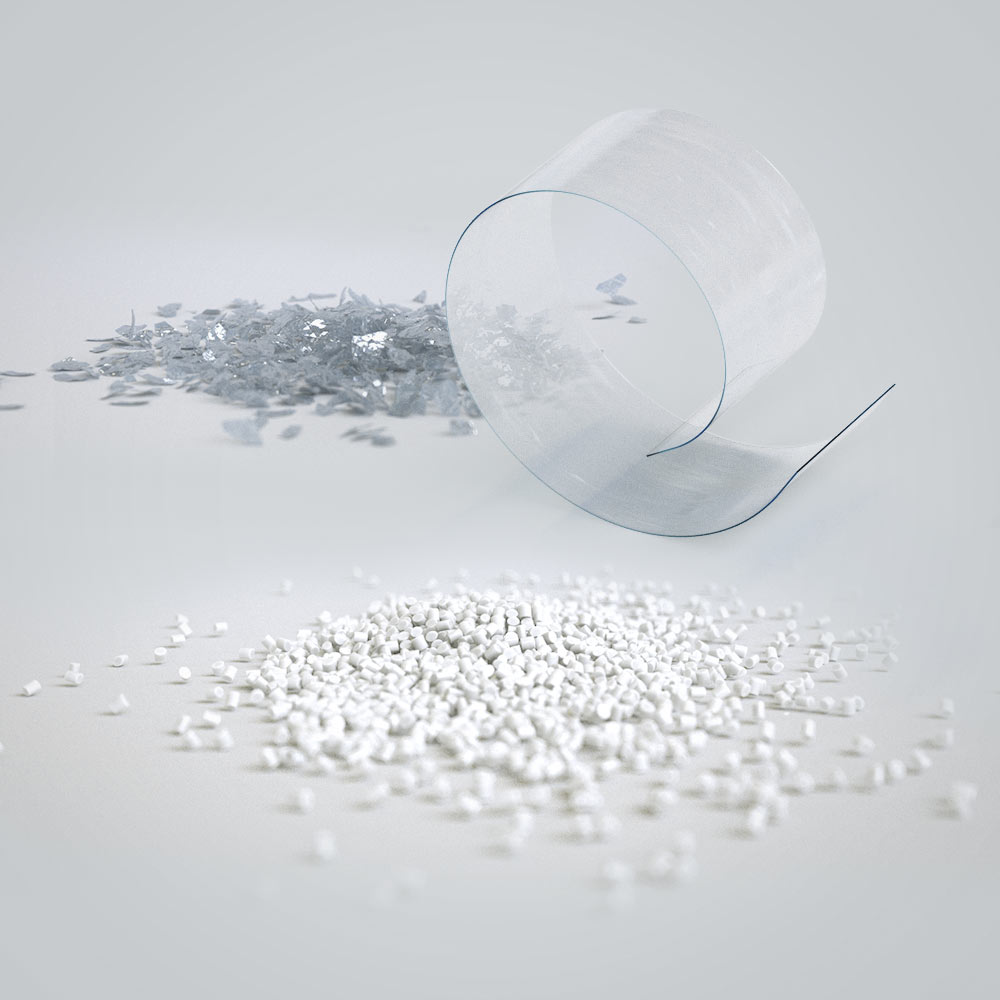 PET material mixtures, including virgin material